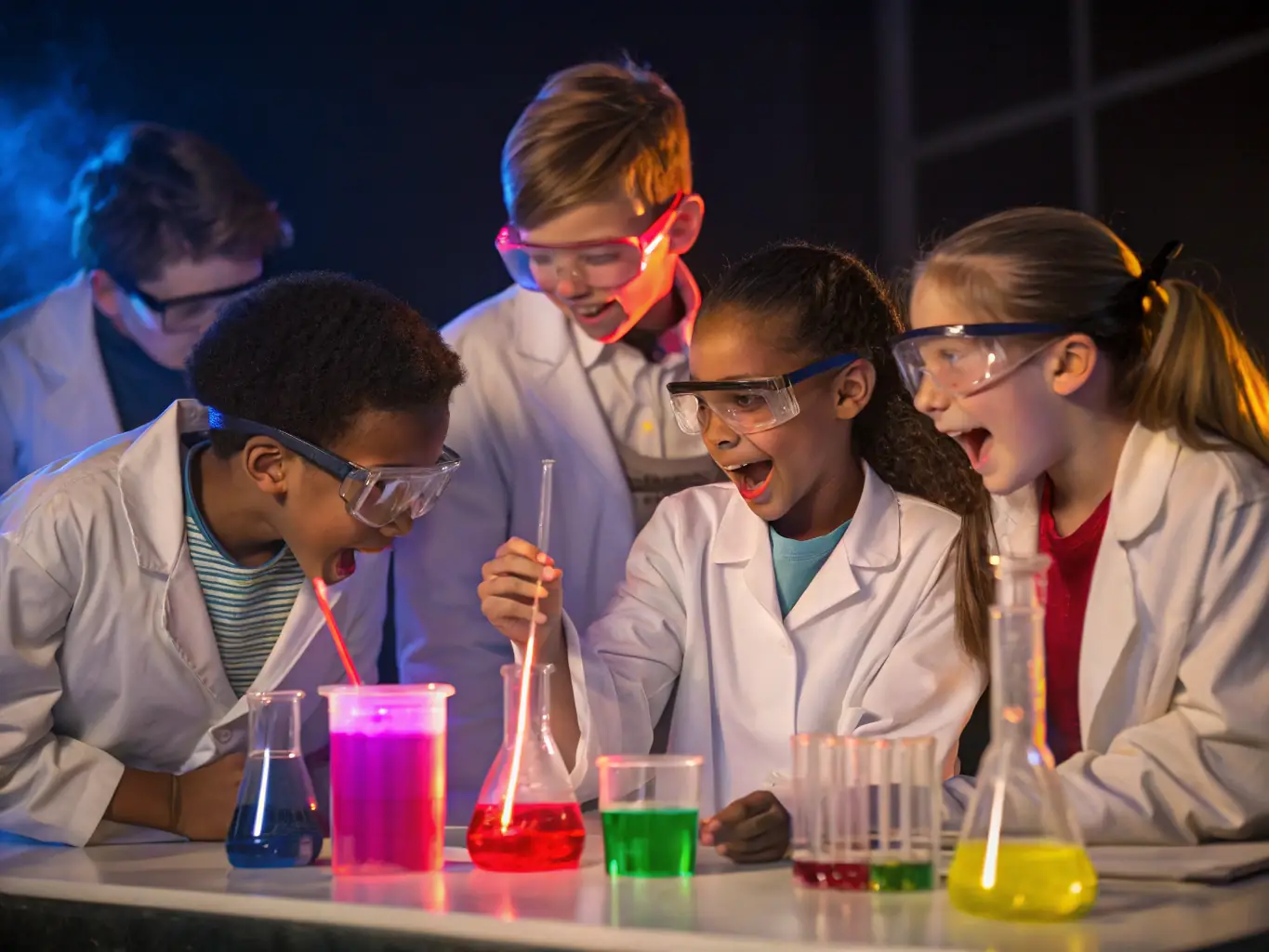 A vibrant classroom scene at Glenview 4 Primary School, showing students actively participating in a science experiment, with the teacher guiding them. The image should convey a sense of curiosity, engagement, and hands-on learning.