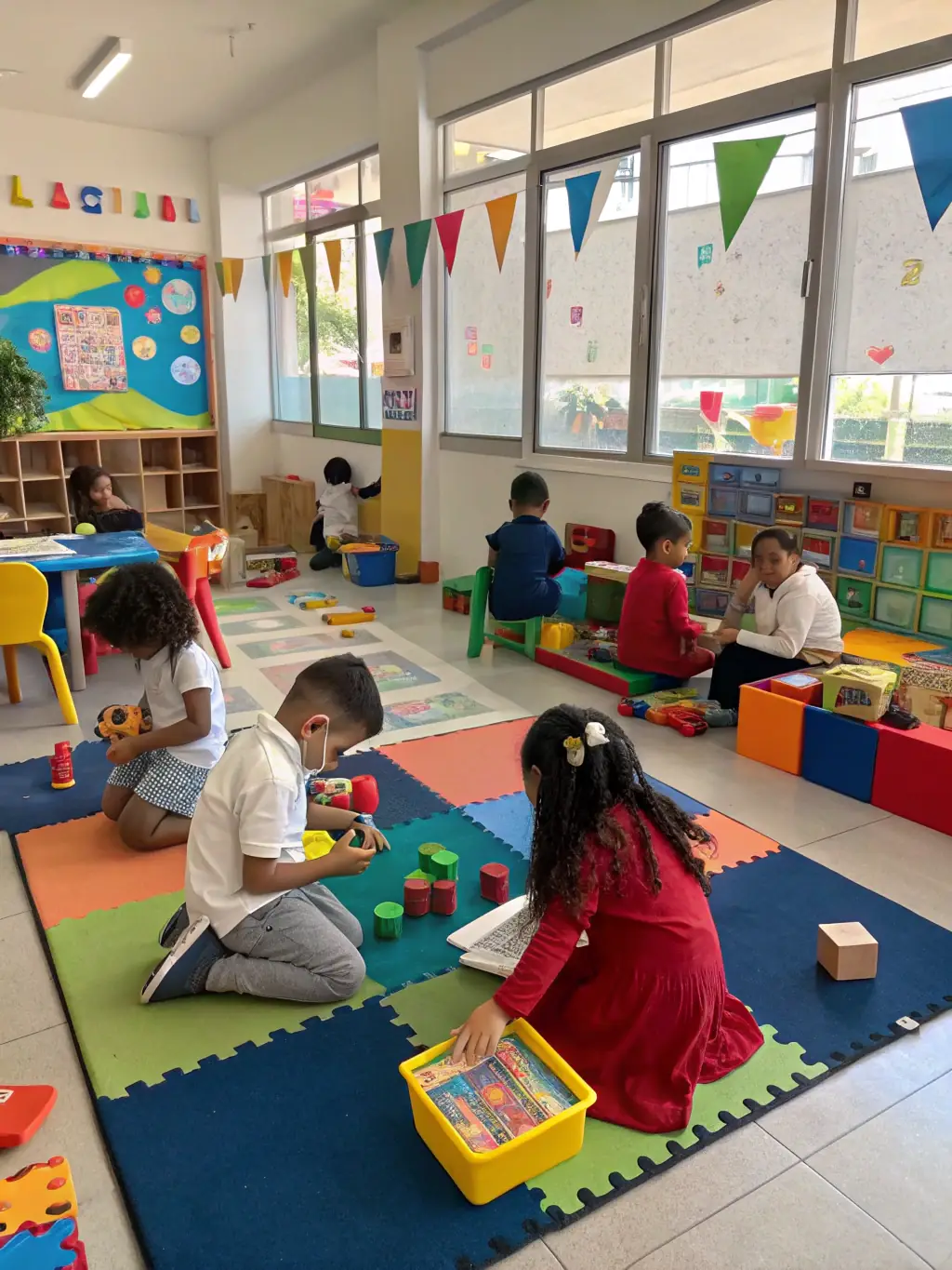 A vibrant classroom scene with ECD students engaged in interactive learning activities, such as playing with educational toys and drawing, showcasing the fun and engaging environment for early learners at Glenview 4 Primary School.
