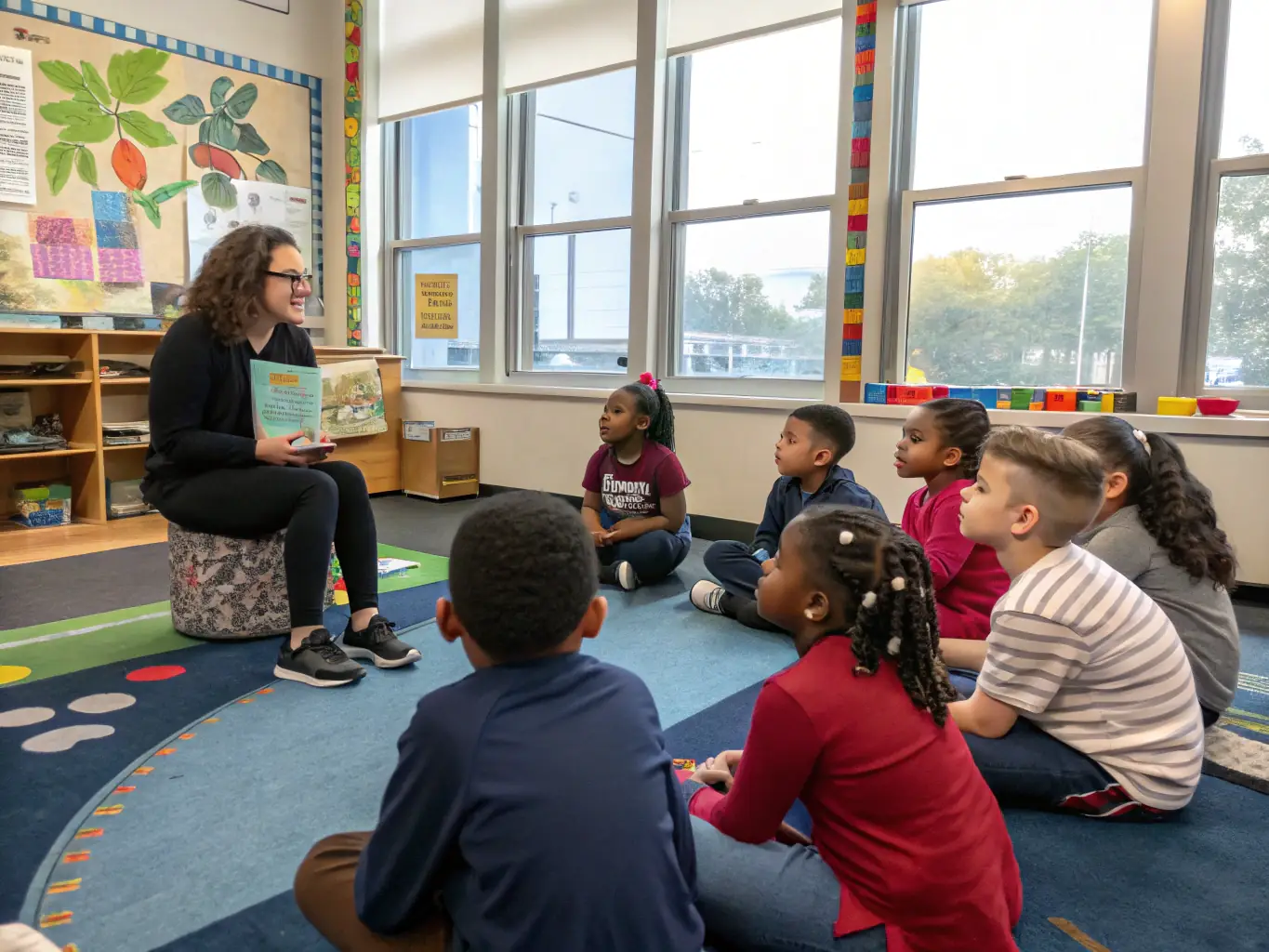 A Glenview 4 Primary School teacher reading aloud to a group of students, who are captivated by the story. The image should convey a sense of imagination, literacy, and the joy of reading.