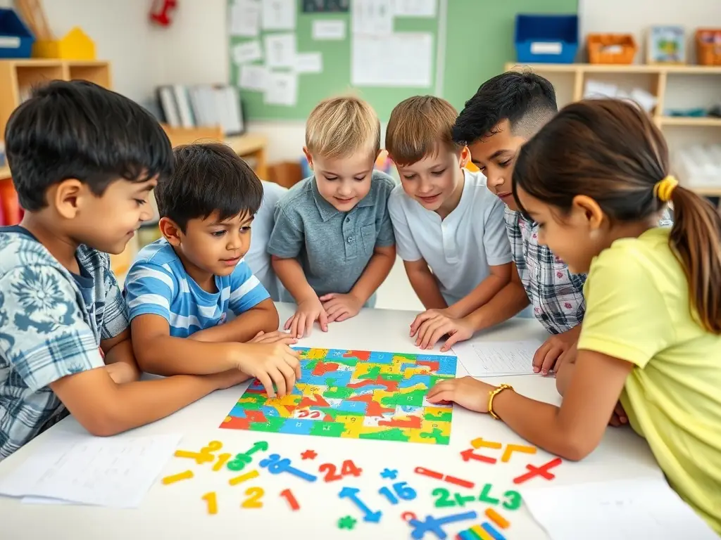 A group of Glenview 4 Primary School students working together on a mathematics problem, using manipulatives and collaborative techniques. The image should highlight teamwork, problem-solving, and the practical application of mathematical concepts.
